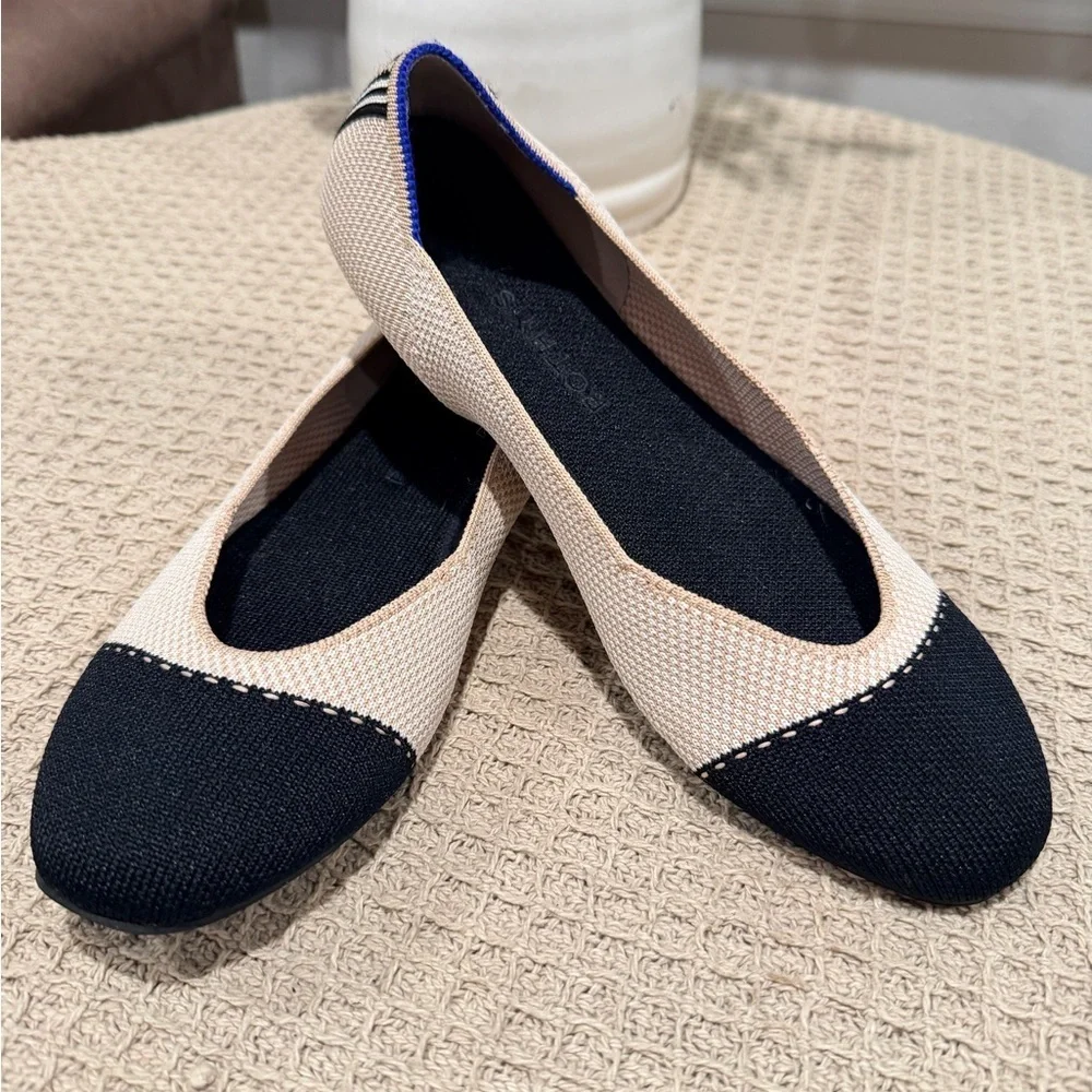 Rothy's Beige and Black Flats with Blue Trim